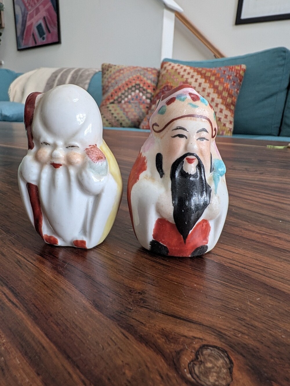 Vintage Hand Painted Ceramic Chinese Figurine Statues Pair Decor